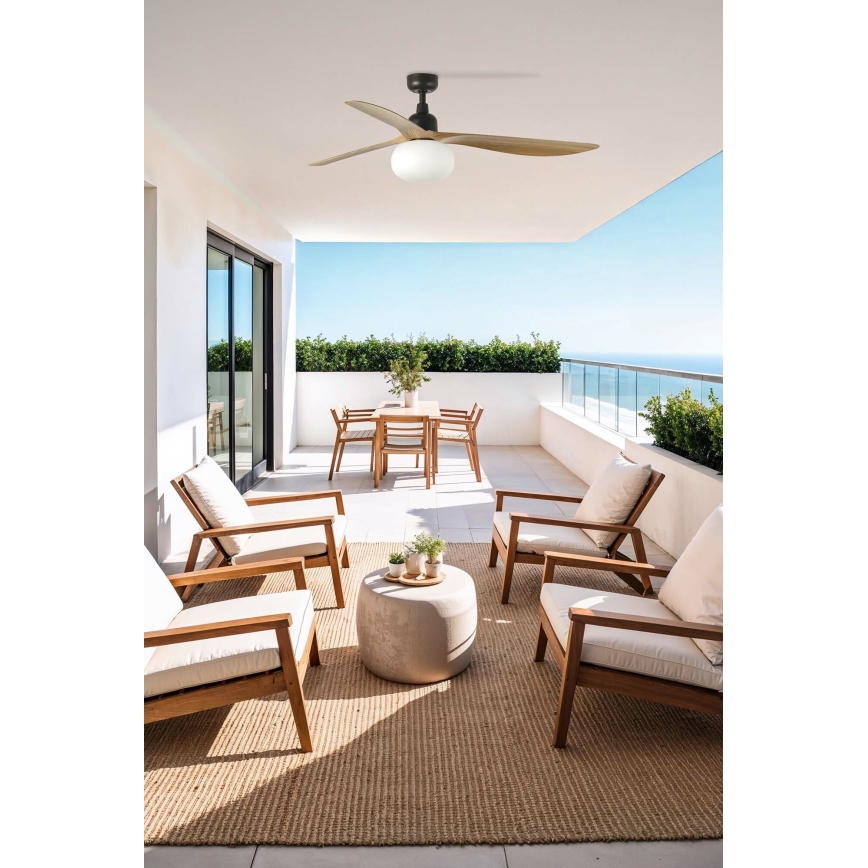 FARO 34360WT-11L - Таванен вентилатор OUTWOOD L 1xE27/15W/230V кафяв/черен Ø 150 cm Wi-Fi Tuya IP44 + дистанционно управление