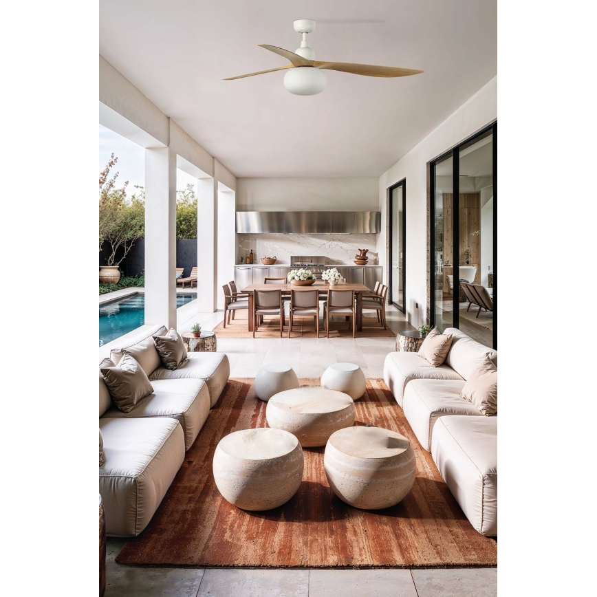 FARO 34361WT-11L - Таванен вентилатор OUTWOOD L 1xE27/15W/230V кафяв/бял Ø 150 см Wi-Fi Tuya IP44 + дистанционно управление