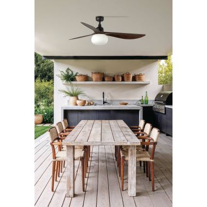 FARO 34362WT-11L - Таванен вентилатор OUTWOOD L 1xE27/15W/230V кафяв/черен диаметър 150 см Wi-Fi Tuya IP44 + дистанционно управление