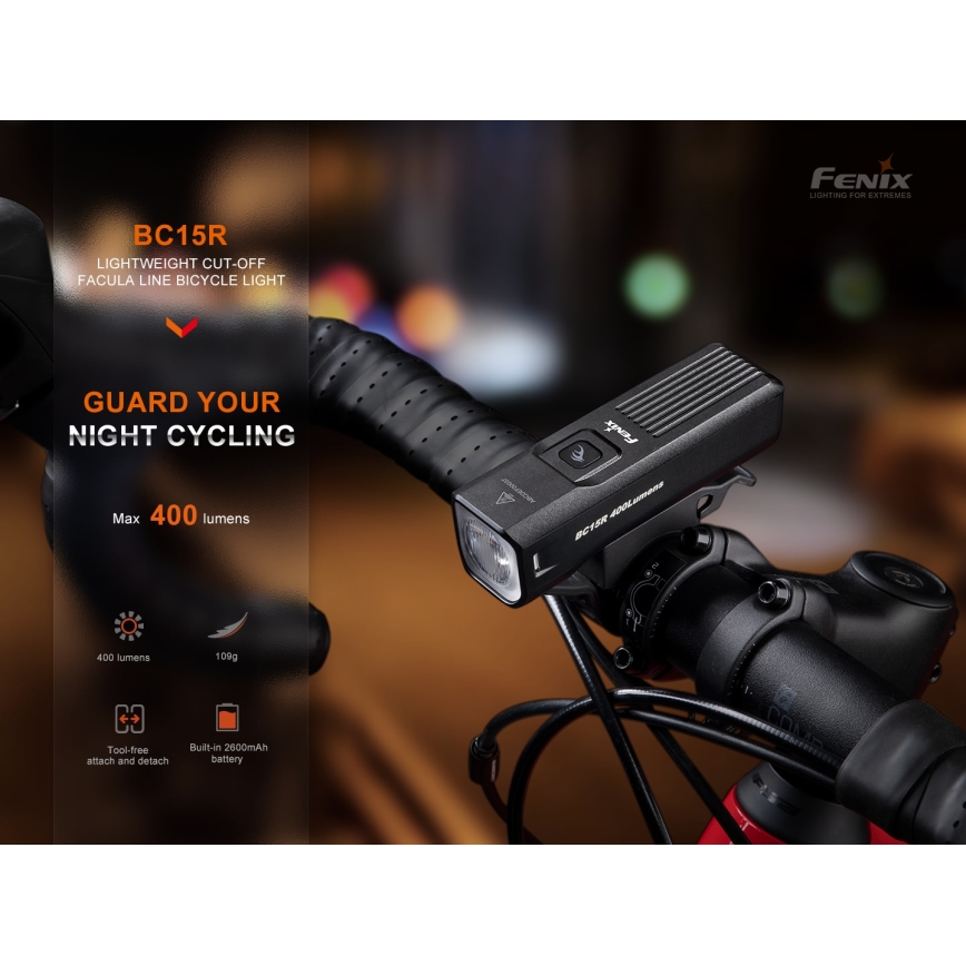 Fenix BC15R - LED Димируема акумулаторна светлина за велосипед LED/USB IP66 400 лъскав 31,5 h 2600 mAh