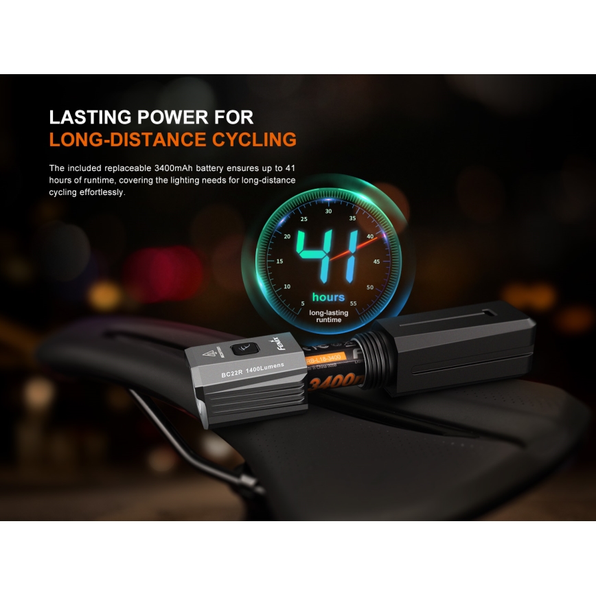 Fenix BC22R - LED презареждаема велосипедна лампа с регулируема яркост LED/USB 3400 mAh IP66 1400 lm 41 h черна