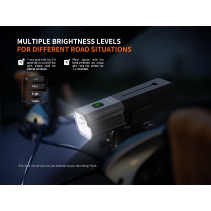 Fenix BC22R - LED презареждаема велосипедна лампа с регулируема яркост LED/USB 3400 mAh IP66 1400 lm 41 h черна