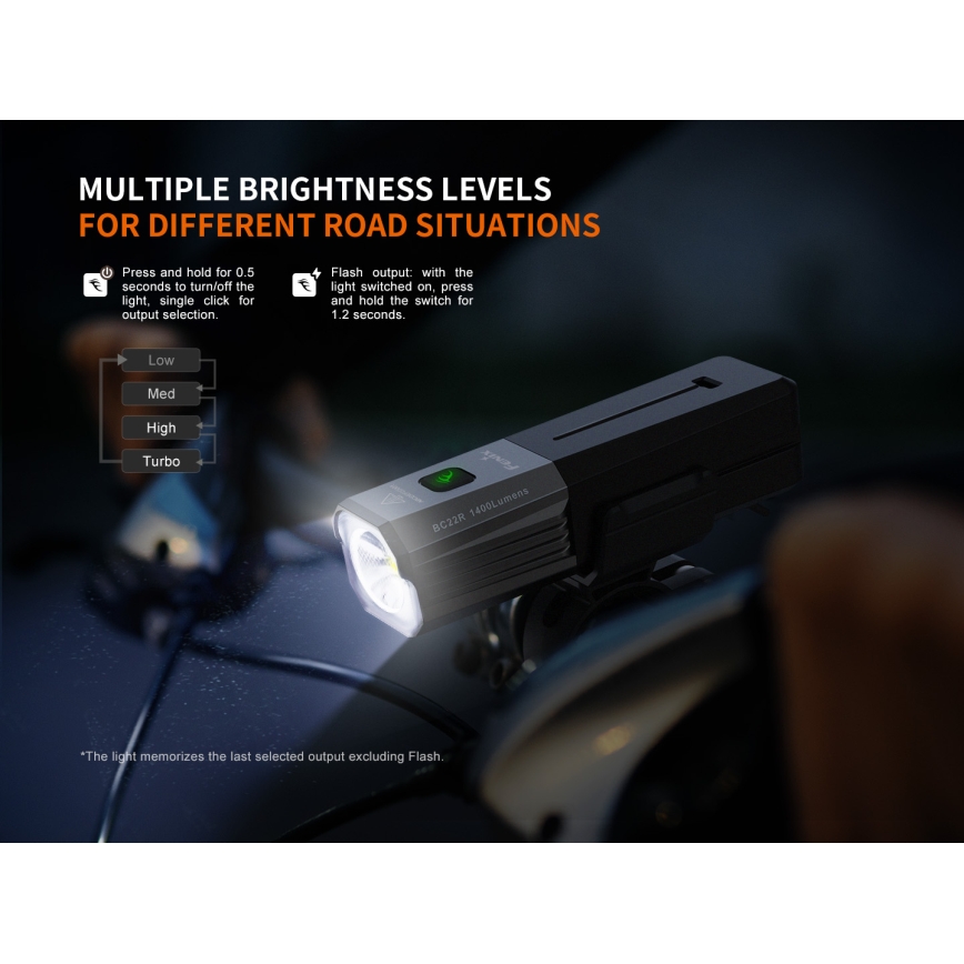 Fenix BC22R - LED презареждаема велосипедна лампа с регулируема яркост LED/USB 3400 mAh IP66 1400 lm 41 h черна
