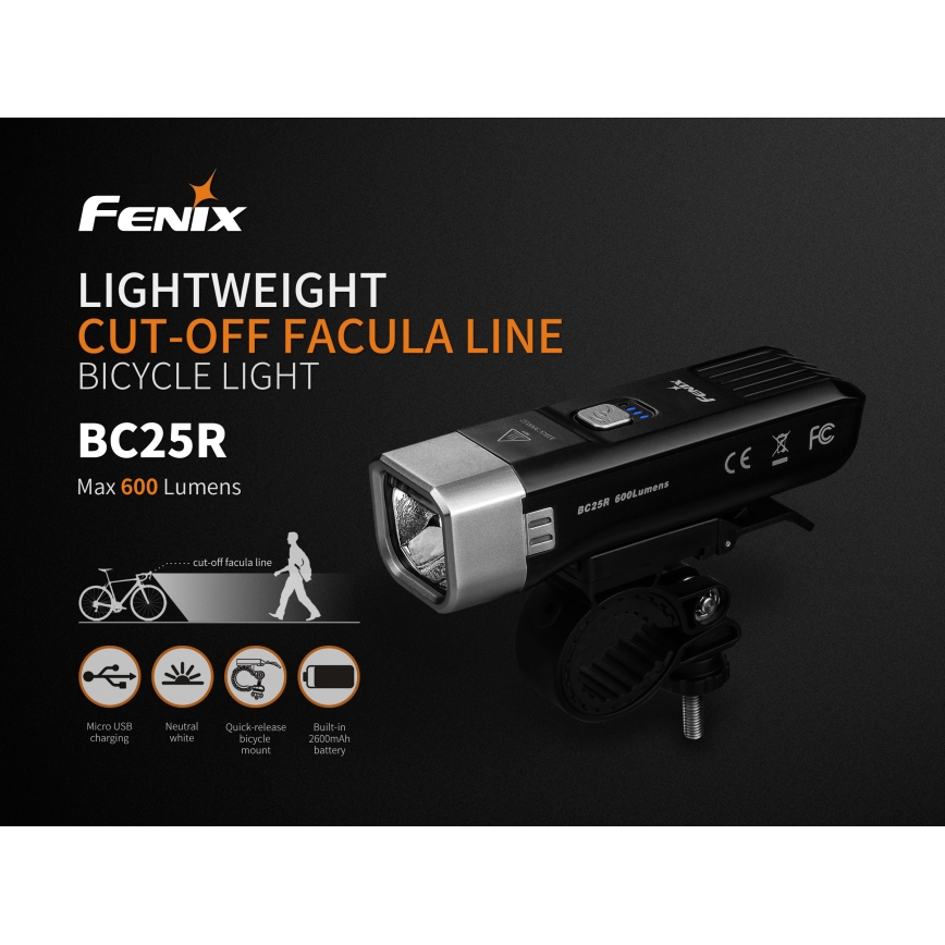 Fenix BC25R - LED Акумулаторна лампа за колело LED/USB IP66 600 lm 36 ч