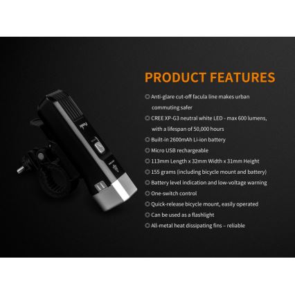 Fenix BC25R - LED Акумулаторна лампа за колело LED/USB IP66 600 lm 36 ч