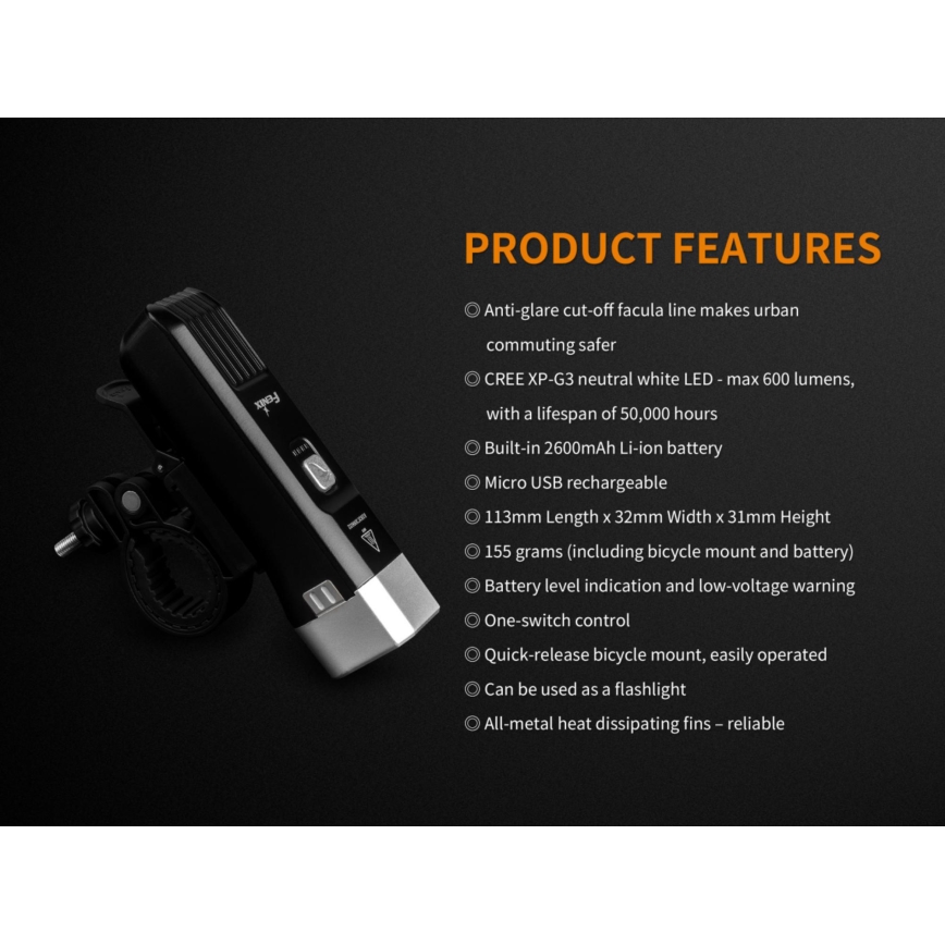 Fenix BC25R - LED Акумулаторна лампа за колело LED/USB IP66 600 lm 36 ч