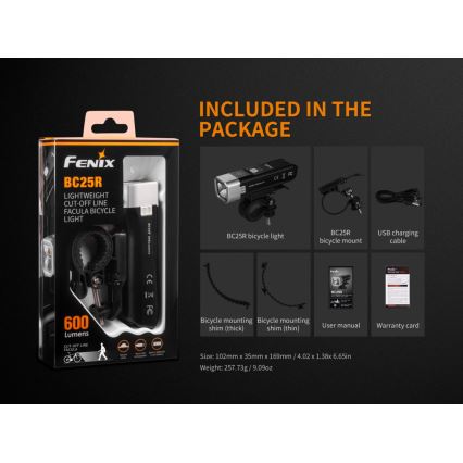 Fenix BC25R - LED Акумулаторна лампа за колело LED/USB IP66 600 lm 36 ч