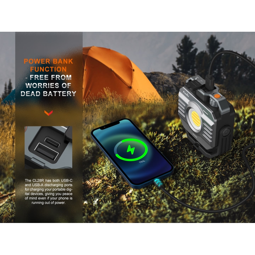 Fenix CL28R - LED Димируем акумулаторен прожектор със захранваща батерия LED/USB IP66 2000 lm 360 h 10000 mAh
