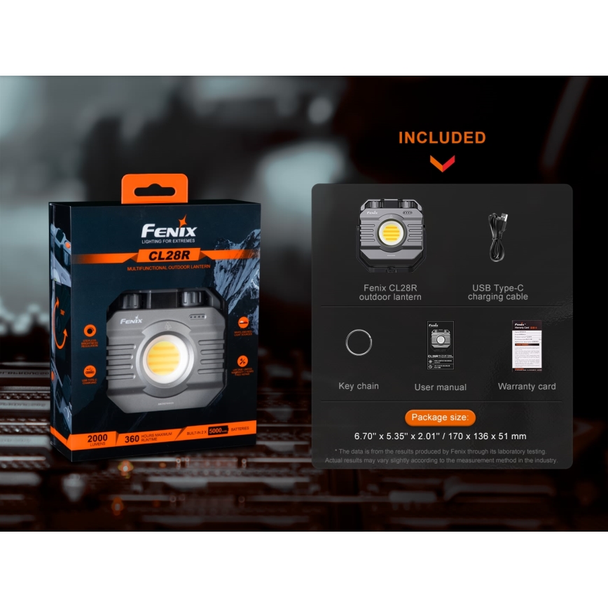 Fenix CL28R - LED Димируем акумулаторен прожектор със захранваща батерия LED/USB IP66 2000 lm 360 h 10000 mAh