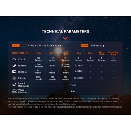 Fenix E03RV20GREY - LED Акумулаторно фенерче LED/USB IP66 500 лъскав 30 h 400 mAh