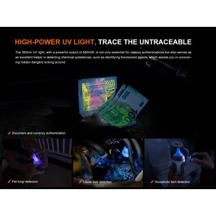 Fenix E06RGRY - LED Димируем акумулаторен фенер UV LED/USB IP66 700 лъскав 60 h сив