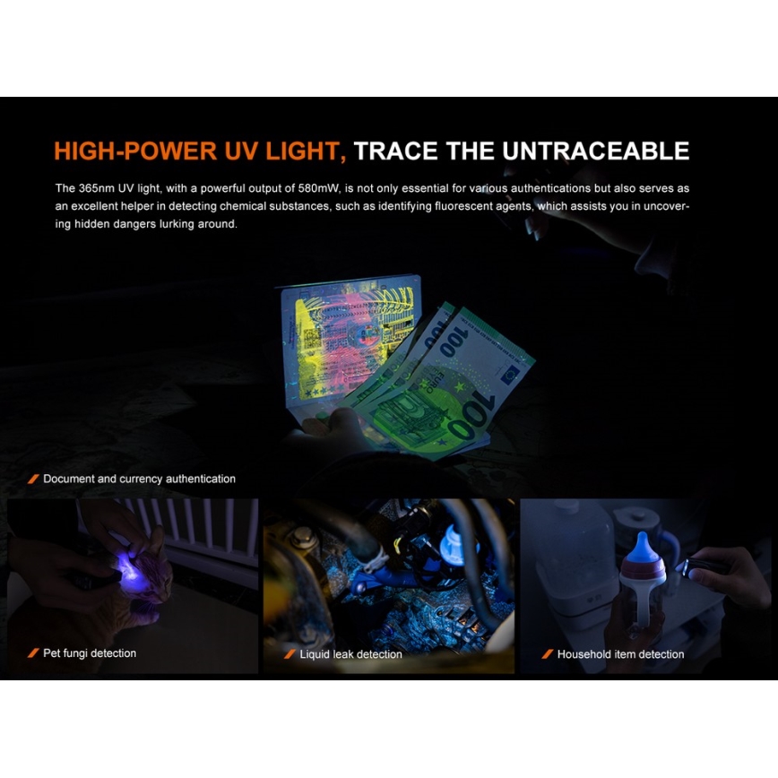Fenix E06RGRY - LED Димируем акумулаторен фенер UV LED/USB IP66 700 лъскав 60 h сив
