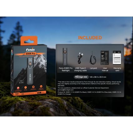 Fenix E06RPROEUBLC- LED фенер с възможност за димиране, презареждаем, LED/USB зареждане, 1650 mAh, IP66, 1600 lm, 111 ч, черен