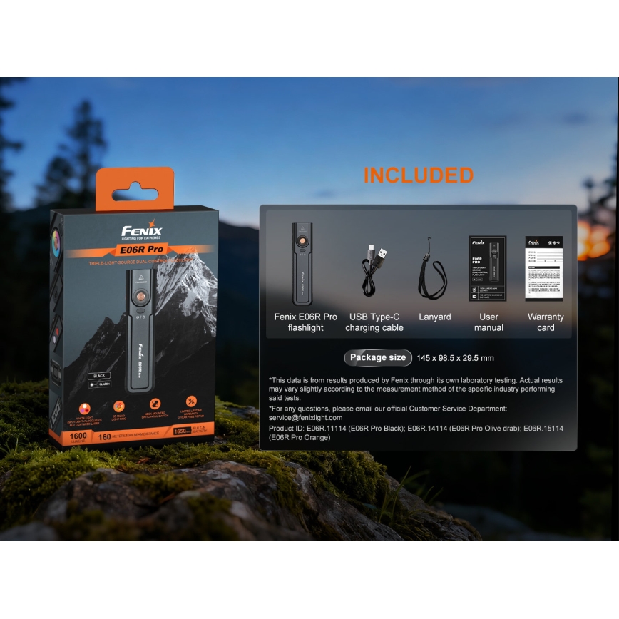 Fenix E06RPROEUBLC- LED фенер с възможност за димиране, презареждаем, LED/USB зареждане, 1650 mAh, IP66, 1600 lm, 111 ч, черен