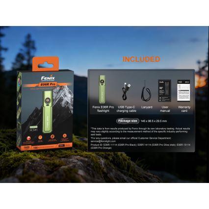 Fenix E06RPROEUOLI - LED фенерче с регулируема яркост, презареждаемо, LED/USB, 1650 mAh, IP66, 1600 лм, 111 ч, зелен