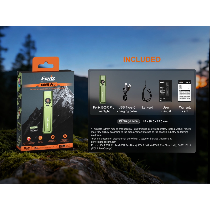 Fenix E06RPROEUOLI - LED фенерче с регулируема яркост, презареждаемо, LED/USB, 1650 mAh, IP66, 1600 лм, 111 ч, зелен
