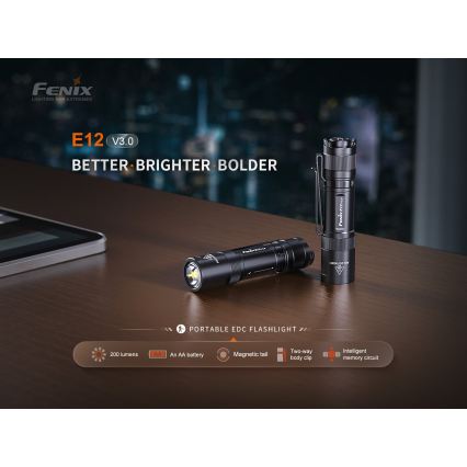 Fenix E12V30 - презареждаем LED фенер с регулиране на яркостта LED/1xAA 2000 mAh IP68 200 lm 100 h черен