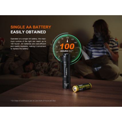 Fenix E12V30 - презареждаем LED фенер с регулиране на яркостта LED/1xAA 2000 mAh IP68 200 lm 100 h черен