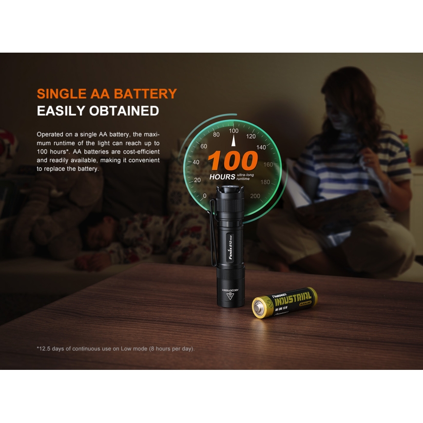 Fenix E12V30 - презареждаем LED фенер с регулиране на яркостта LED/1xAA 2000 mAh IP68 200 lm 100 h черен