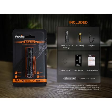 Fenix E12V30 - презареждаем LED фенер с регулиране на яркостта LED/1xAA 2000 mAh IP68 200 lm 100 h черен