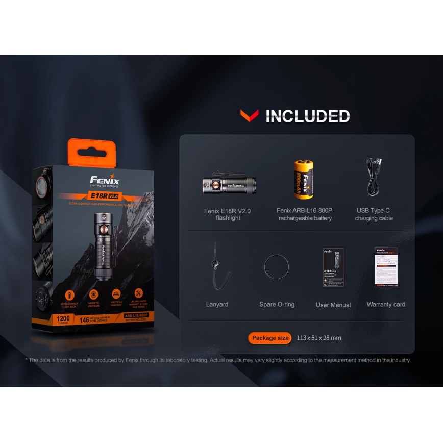 Fenix E18RV20800 - димируема презареждаема LED фенер LED/USB/1xCR123A 800 mAh IP68 1200 lm 200 h черен