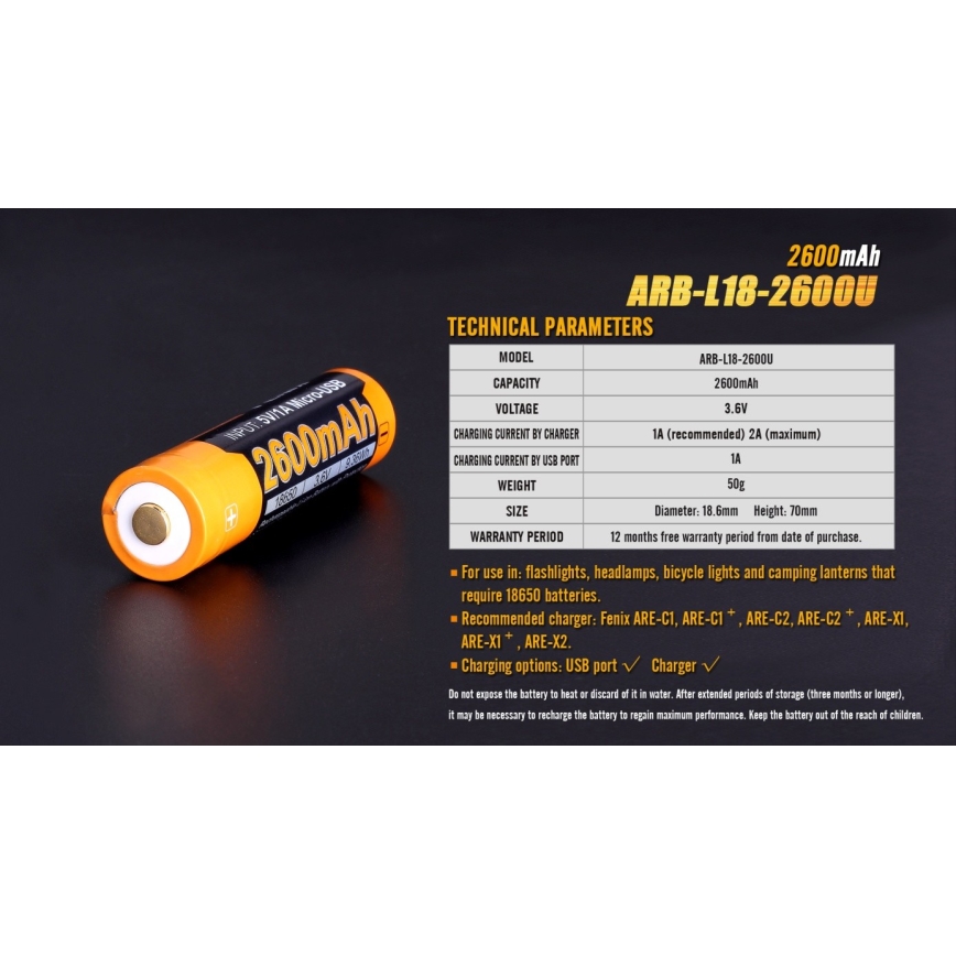 Fenix FE18650LI26USB - 1 бр. Презареждаема USB батерия/3,6V 2600 mAh