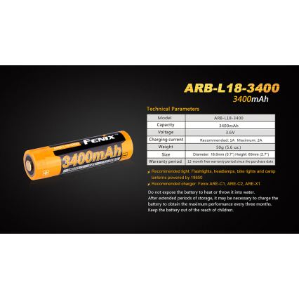Fenix FE18650LI34 - 1 бр. Презареждаема литиево-йонна батерия 18650/3,6V 3400 mAh
