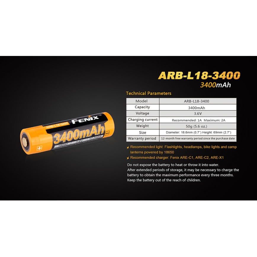 Fenix FE18650LI34 - 1 бр. Презареждаема литиево-йонна батерия 18650/3,6V 3400 mAh