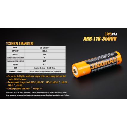 Fenix FE18650LI35USB - 1 бр. Презареждаема USB батерия, 3,6 V, 3500 mAh