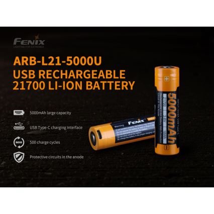 Fenix FE21700USB - 1 бр. Презареждаема USB батерия/3,6V 5000 mAh