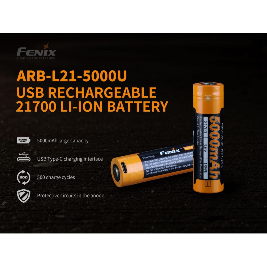 Fenix FE21700USB - 1 бр. Презареждаема USB батерия/3,6V 5000 mAh