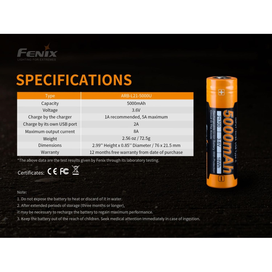 Fenix FE21700USB - 1pc Акумулаторна батерия USB/3,6V 5000 mAh