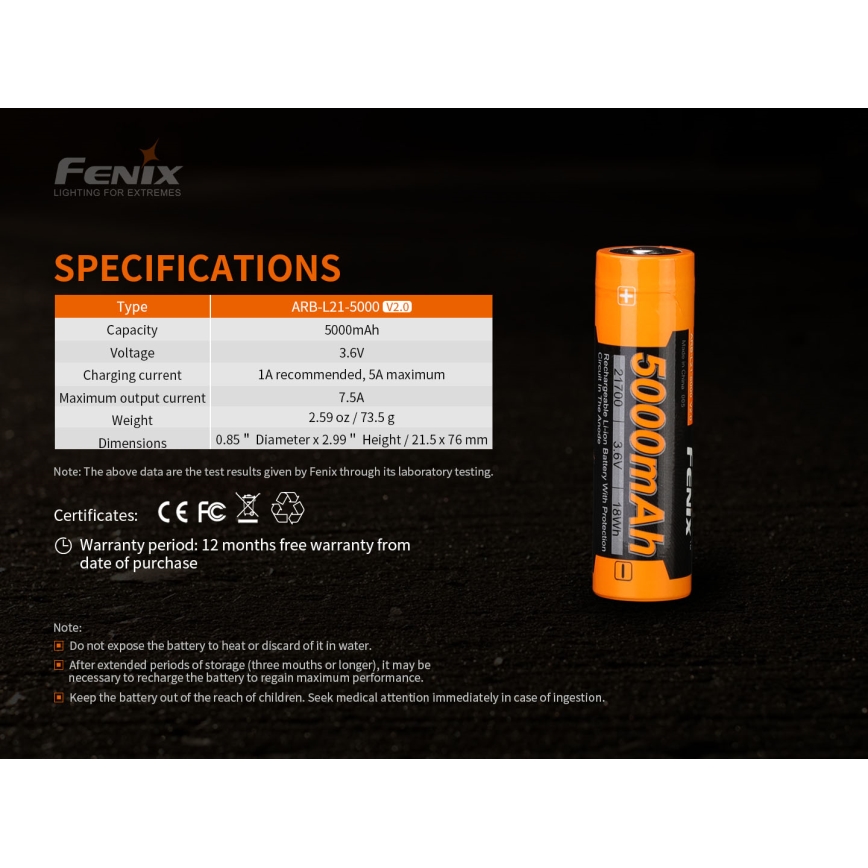 Fenix FE21700V20 - 1 бр. презареждаема батерия 21700/3,6V 5000 mAh
