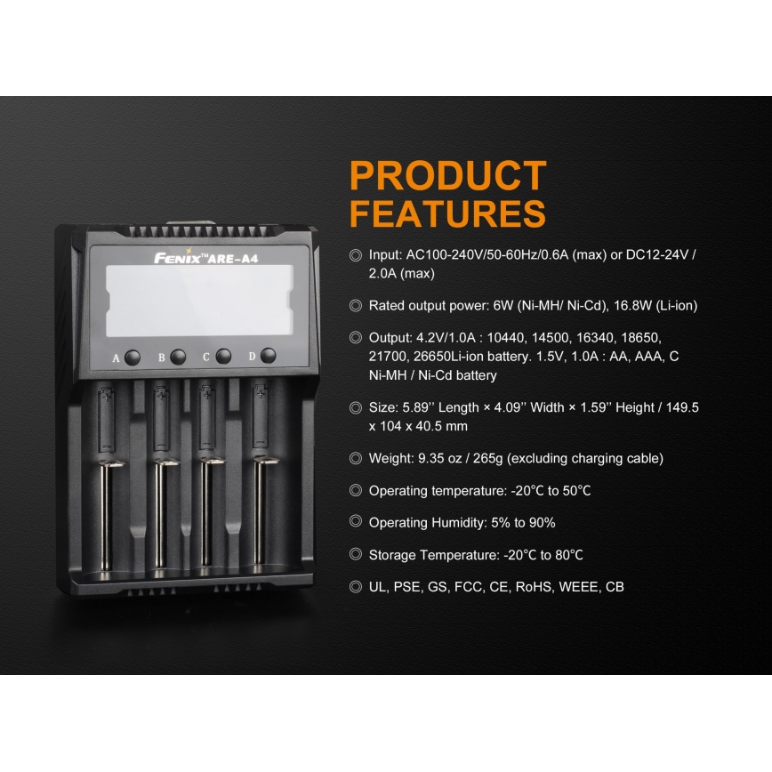 Fenix FENAREA4 - Зарядно устройство за батерии 4xLi-ion/AAA/AA/C 5V