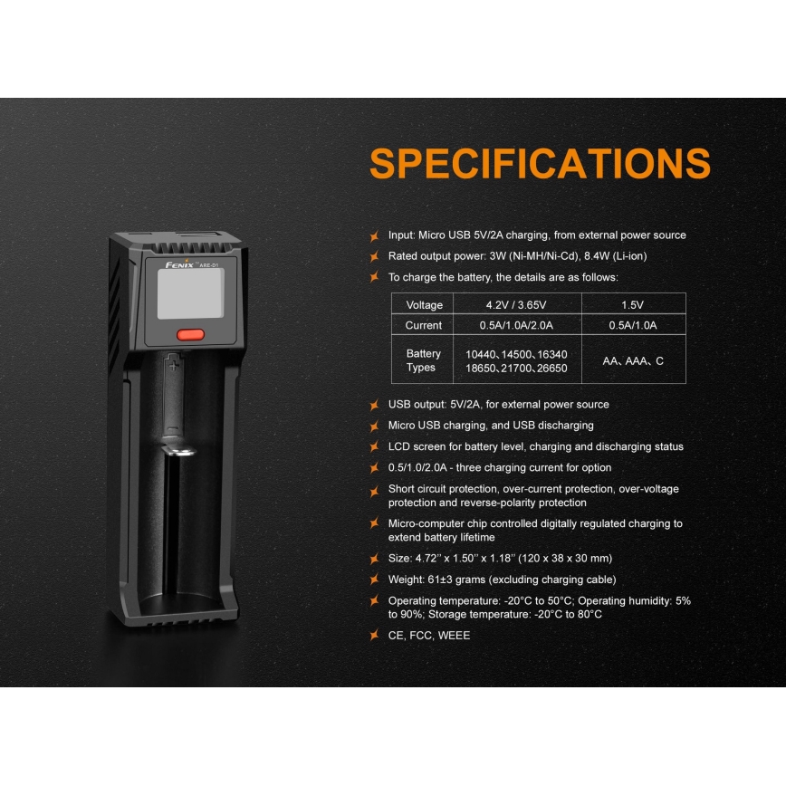 Fenix FENARED1 - Зарядно устройство за батерии 1xLi-ion/AAA/AA/C 5V