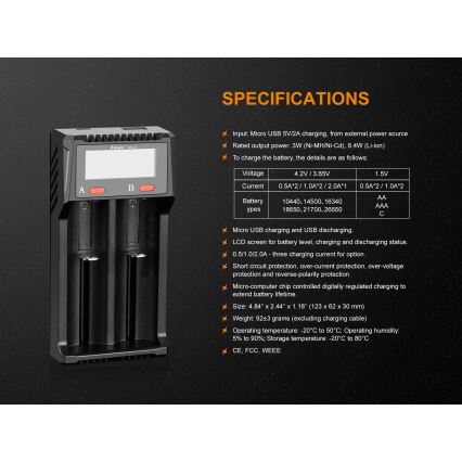 Fenix FENARED2 - Зарядно устройство за батерии 2xLi-ion/AAA/AA/C 5V