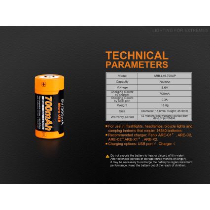 Fenix FERCR123ALIIONUP - 1 бр. Презареждаема литиево-йонна батерия с USB, 3,6 V, 700 mAh