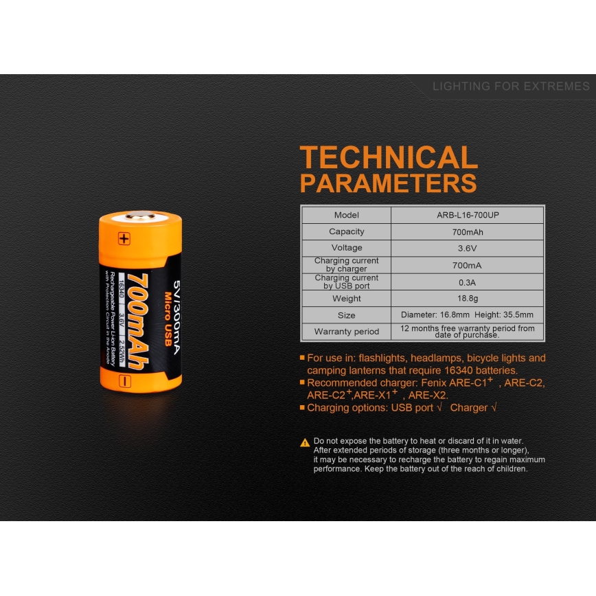 Fenix FERCR123ALIIONUP - 1бр. Акумулаторна батерия USB/3,6V 700 mAh