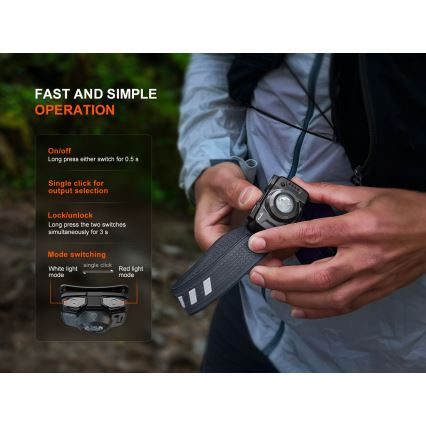 Fenix HL12RV20BLC - презареждаема челна лампа с регулируема яркост LED/USB 950 mAh IP66 500 lm 112 h черна