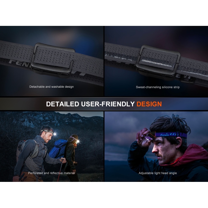 Fenix HL12RV20BLC - презареждаема челна лампа с регулируема яркост LED/USB 950 mAh IP66 500 lm 112 h черна