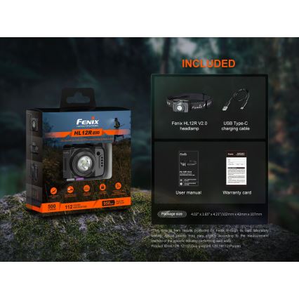 Fenix HL12RV20BLC - презареждаема челна лампа с регулируема яркост LED/USB 950 mAh IP66 500 lm 112 h черна