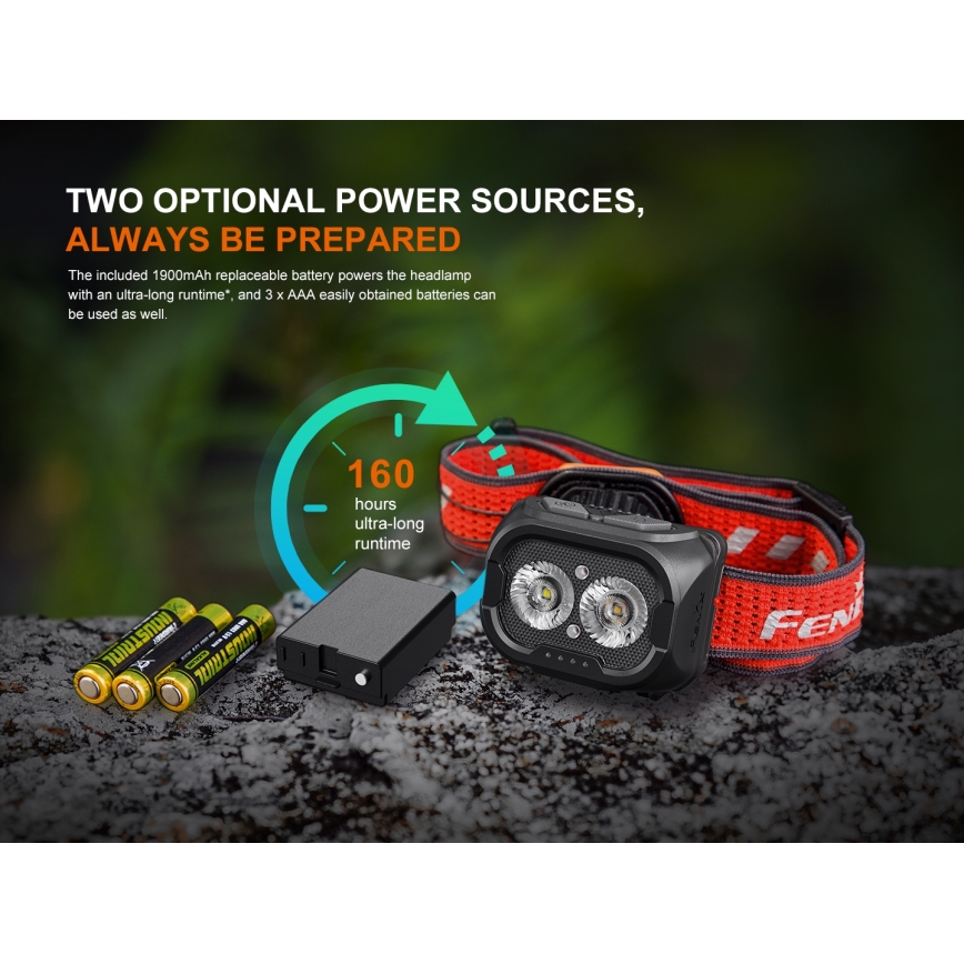 Fenix HL18RTV20BLC - LED регулируема презареждаема челна лампа LED/USB/3xAAA IP66 800 лм 160 ч 1900 mAh черно/оранжево