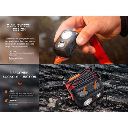 Fenix HL32RTBLCK - LED Акумулаторен челник LED/USB/3xAAA IP66 800 лъскав 300 h 1900 mAh черен/оранжев