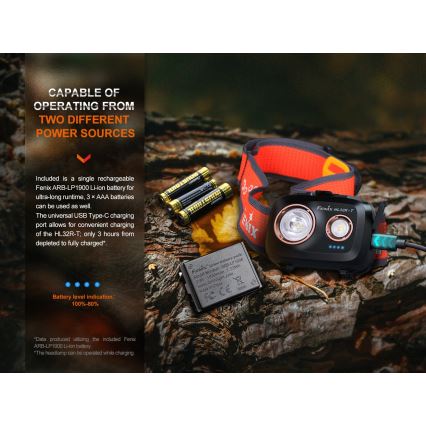Fenix HL32RTRED - LED Акумулаторен челник LED/USB/3xAAA IP66 800 lm 300 h червен/оранжев