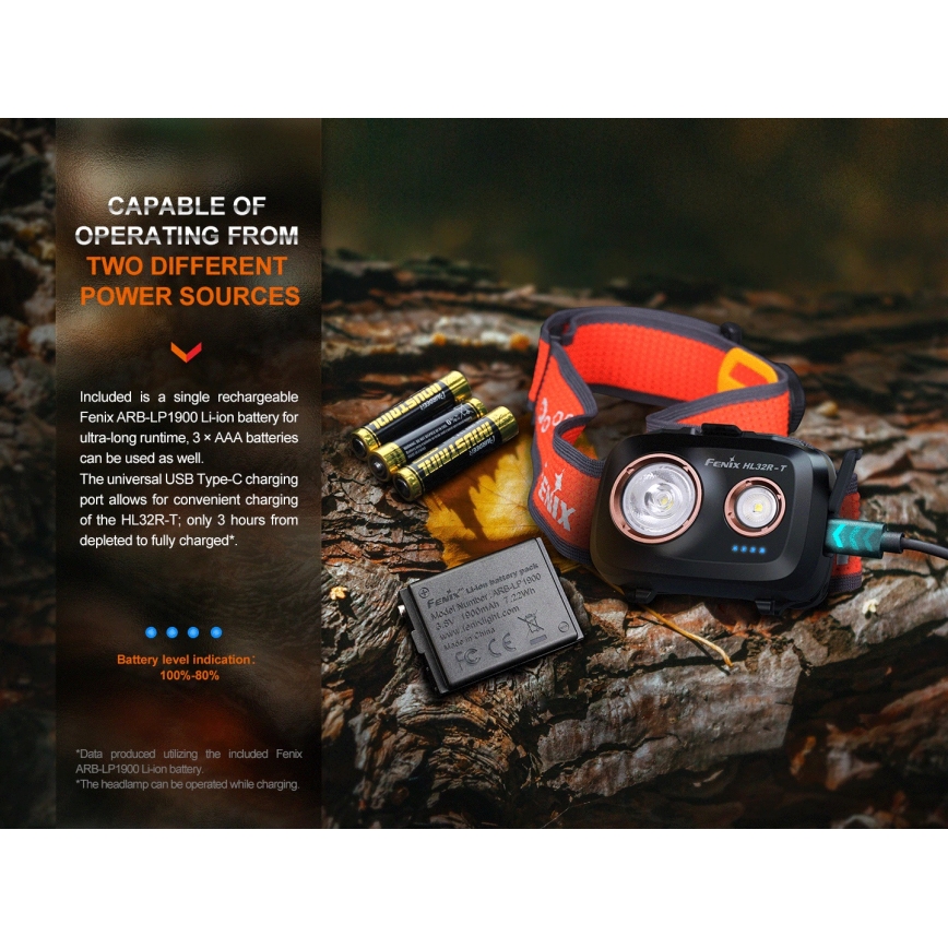 Fenix HL32RTRED - LED Акумулаторен челник LED/USB/3xAAA IP66 800 lm 300 h червен/оранжев