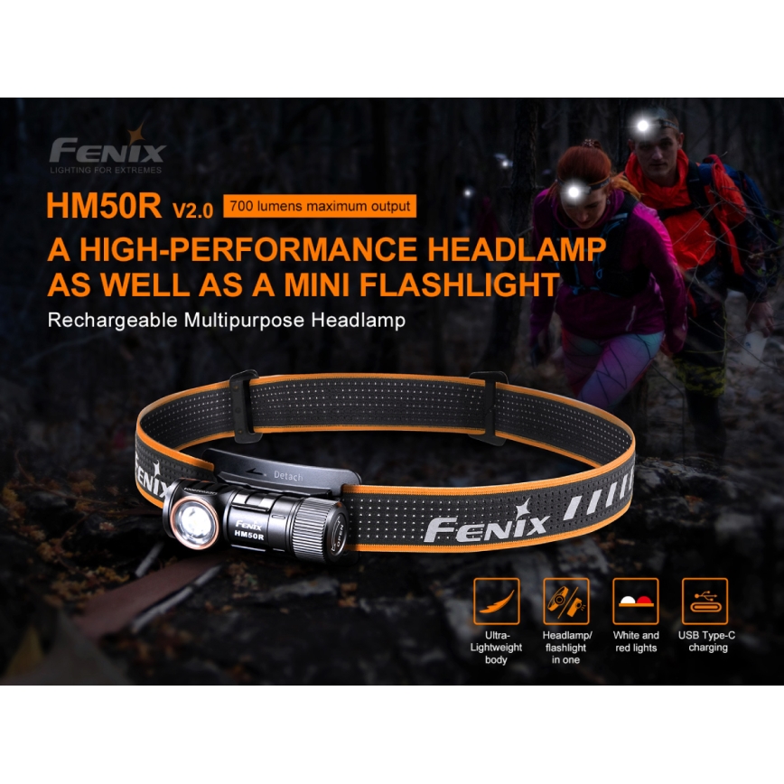 Fenix HM50RV20 - LED Акумулаторен челник 3xLED/USB/1xCR123A IP68 700 лъскав 120 h 700 mAh