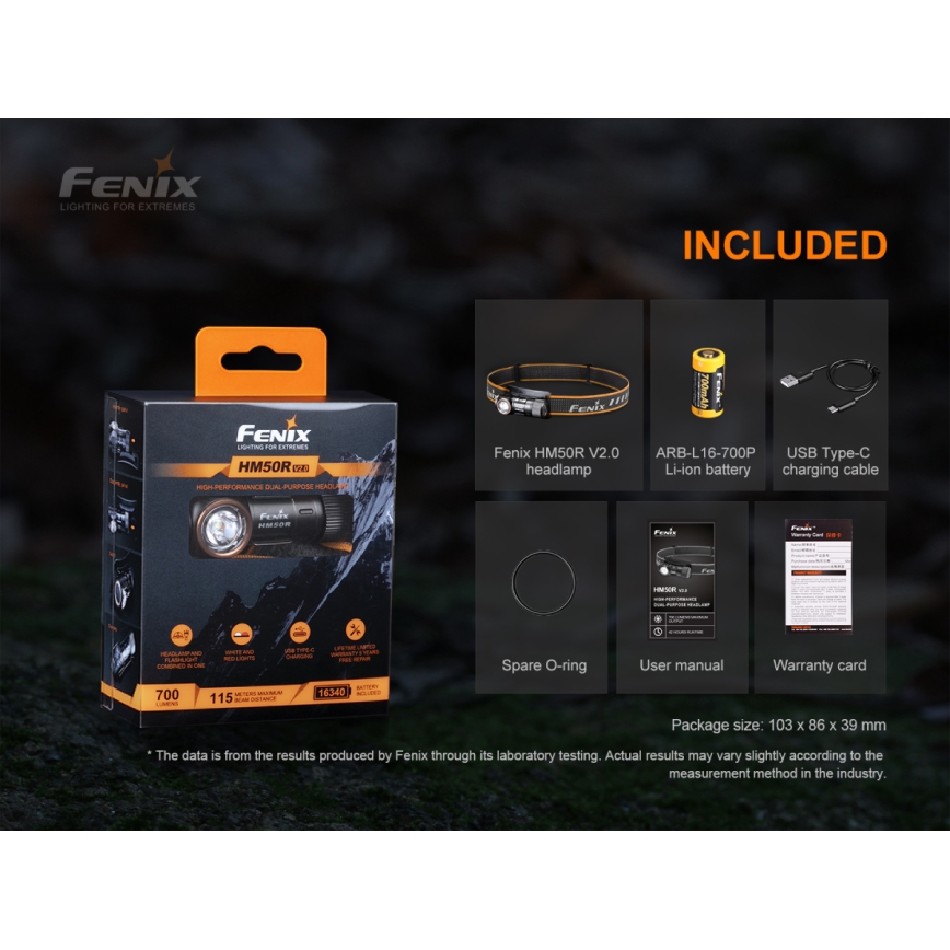 Fenix HM50RV20 - LED Акумулаторен челник 3xLED/USB/1xCR123A IP68 700 лъскав 120 h 700 mAh