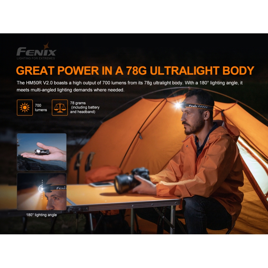 Fenix HM50RV20 - LED Акумулаторен челник 3xLED/USB/1xCR123A IP68 700 лъскав 120 h 700 mAh