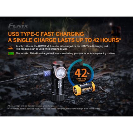 Fenix HM50RV20 - LED Акумулаторен челник 3xLED/USB/1xCR123A IP68 700 лъскав 120 h 700 mAh