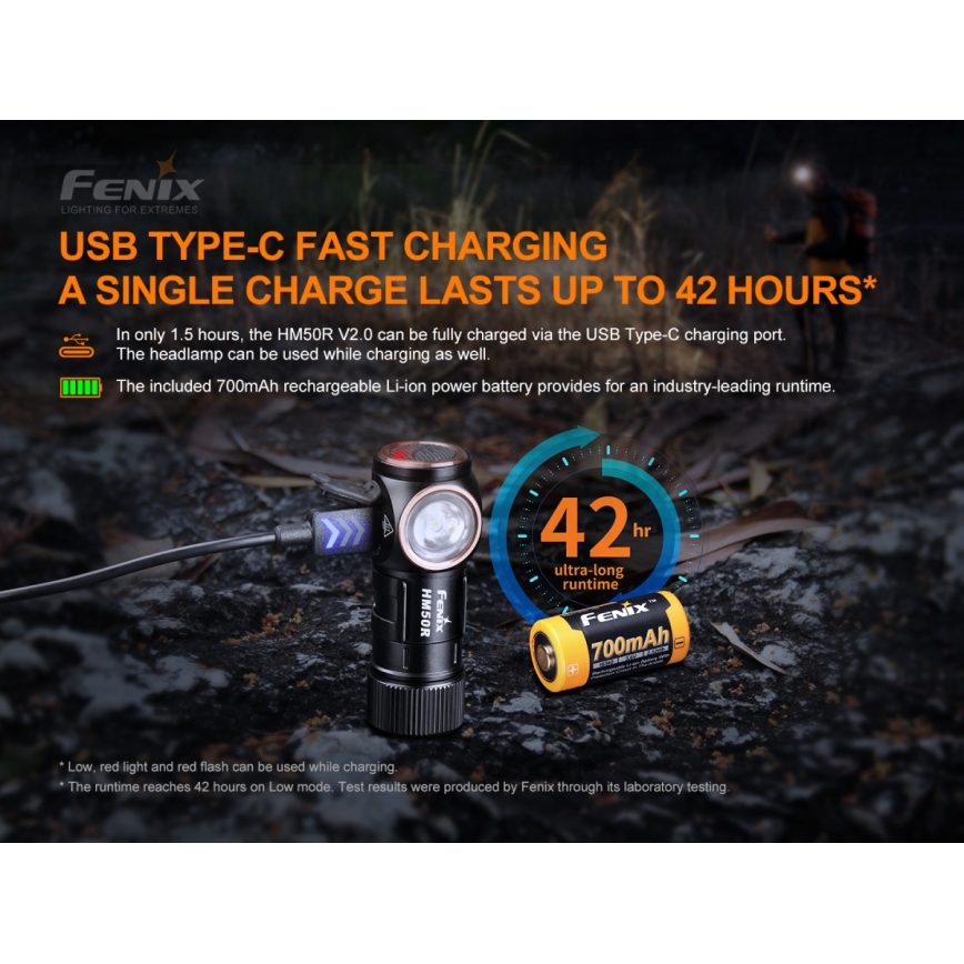 Fenix HM50RV20 - LED Акумулаторен челник 3xLED/USB/1xCR123A IP68 700 лъскав 120 h 700 mAh